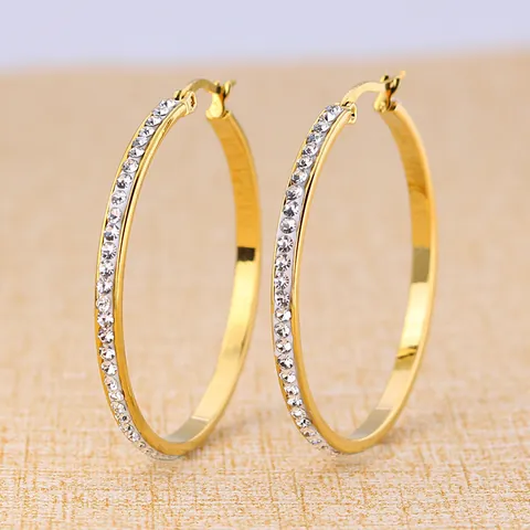 Mode Edelstahl Runde Creolen Für Damen 18k Vergoldet Strass Besetzt Übertriebene Kreis Ohrringe Schmuck