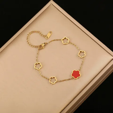 Pulsera de Moda de Acero de Titanio Chapado en Oro de 18K con Flor de Cinco Pétalos de Doble Cara para Mujer Joyería de Acero Inoxidable