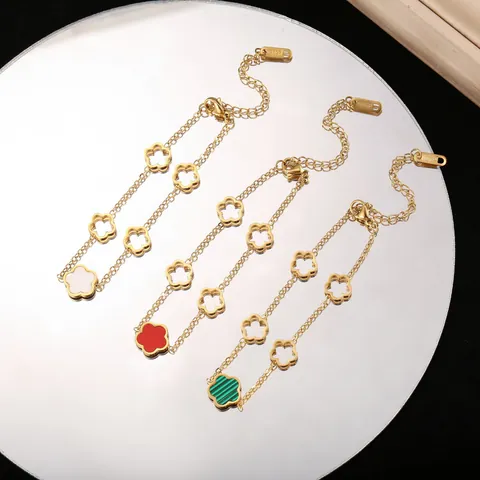 Pulsera de Moda de Acero de Titanio Chapado en Oro de 18K con Flor de Cinco Pétalos de Doble Cara para Mujer Joyería de Acero Inoxidable