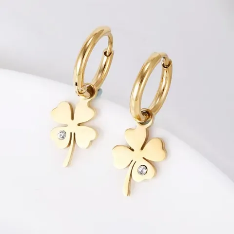 Pendientes de Aro de Trébol de Cuatro Hojas de Acero Inoxidable Flor de la Suerte Joyería de Strass para Mujer