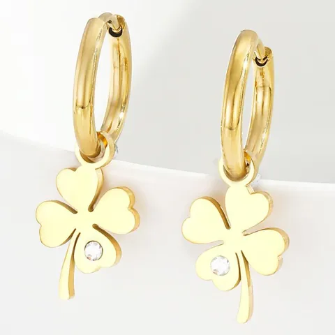 Pendientes de Aro de Trébol de Cuatro Hojas de Acero Inoxidable Flor de la Suerte Joyería de Strass para Mujer