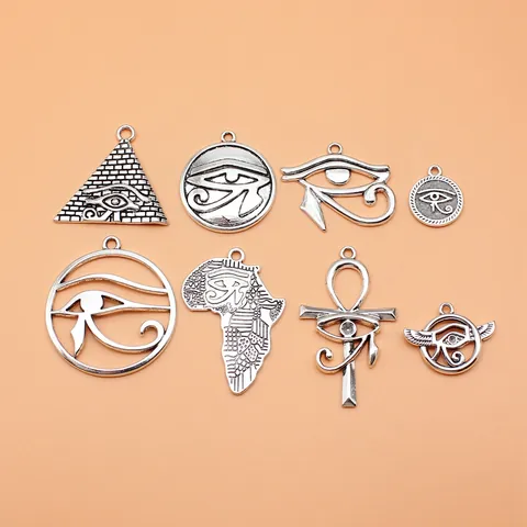 Antique Silver Alloy Egyptian Eye Of Horus Pendants Set Ankh Cross Pyramid Africa Map Charms For DIY Jewelry Making