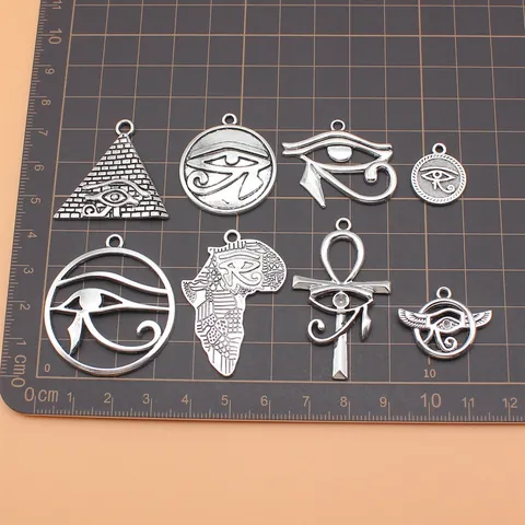 Antique Silver Alloy Egyptian Eye Of Horus Pendants Set Ankh Cross Pyramid Africa Map Charms For DIY Jewelry Making