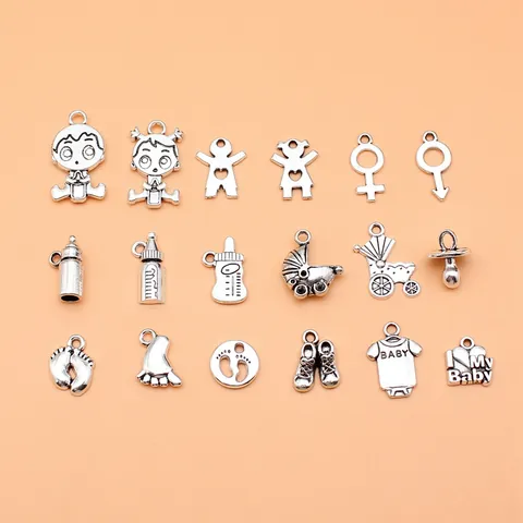 Baby Theme Alloy Charms DIY Jewelry Making Findings Antique Silver Milk Bottle Carriage Footprint Pendants Set For Handcraft