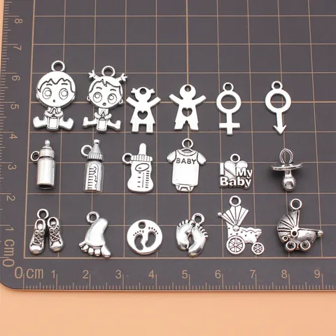 Baby Theme Alloy Charms DIY Jewelry Making Findings Antique Silver Milk Bottle Carriage Footprint Pendants Set For Handcraft