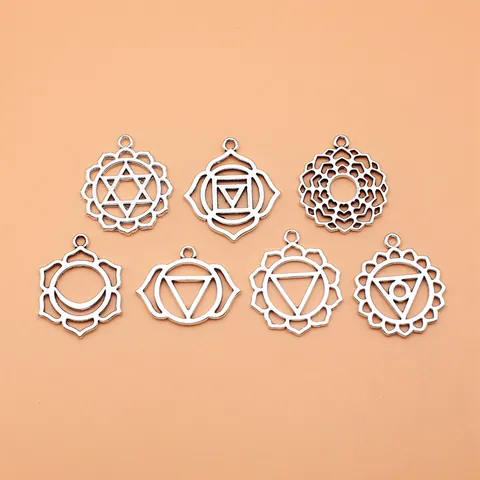Antique Silver Chakra Pendant Set 7 Pcs Alloy Mandala Lotus Geometric Charms DIY Jewelry Making Accessories Meditation Healing Pendants