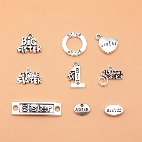 Antiksilber Legierung Schwester Thema Anhänger Für DIY Schmuckherstellung Sammlung Big Little Special Sister Pendants Herz Rund Metall Gravierte Zubehör Für Halskette Armband