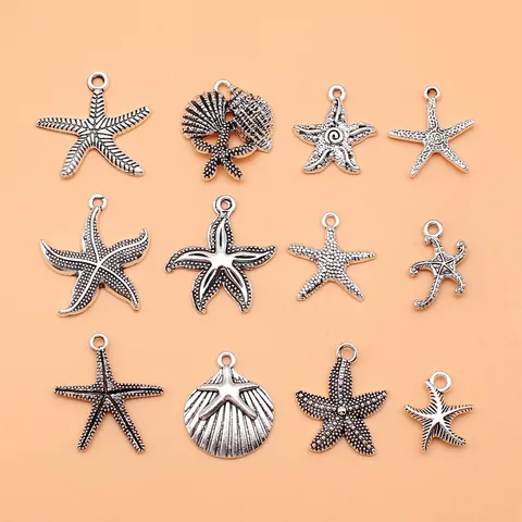 Antique Silver Alloy Starfish Shell Charms For DIY Jewelry Making Mixed Marine Life Theme Ocean Style Craft Accessories