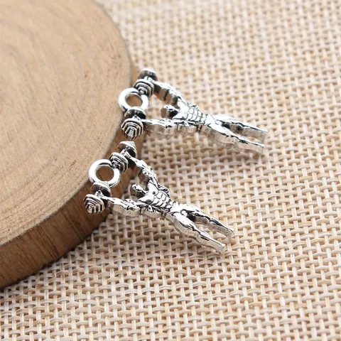 Antique Silver Zinc Alloy Double Sided Muscle Man Lifting Dumbbell Pendants For DIY Jewelry Making Vintage Fitness Charms
