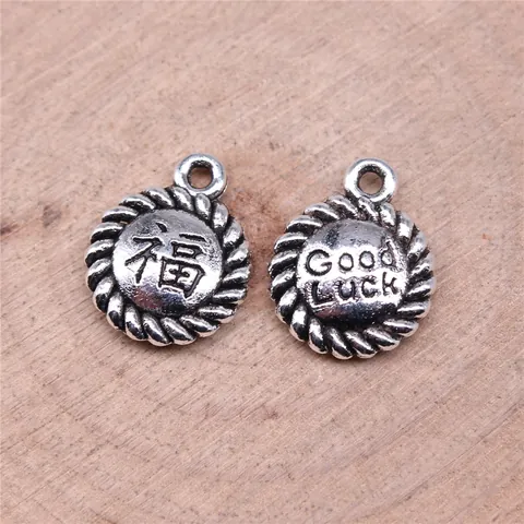 Vintage Chinese Style Fu Character Good Luck Round Alloy Pendants Antique Silver Bronze Lucky Charm For DIY Jewelry Making