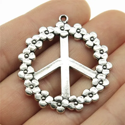 Vintage Zinklegering Bloem Vredessymbool Bedel Hanger Voor DIY Sieraden Maken Ambachten Opengewerkte Bloemenrand Rond Medaillon Metalen Component