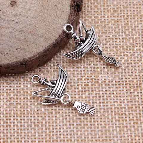 Antique Silver Fishing Boat Pendant Alloy DIY Jewelry Charms Marine Theme Sea Fishing Boat And Fish Charms For Jewelry Making