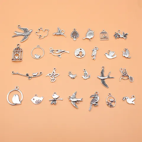 Antique Silver Bird Charms Alloy Swallow Pigeon Hummingbird Pendants For DIY Jewelry Making Vintage Birdcage Charms For Necklaces