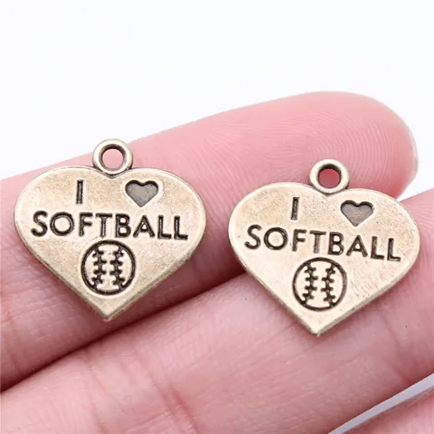 Alloy Heart Softball Pendant Charm I Love Softball Antique Silver Bronze DIY Jewelry Making Findings Sports Lover Gift