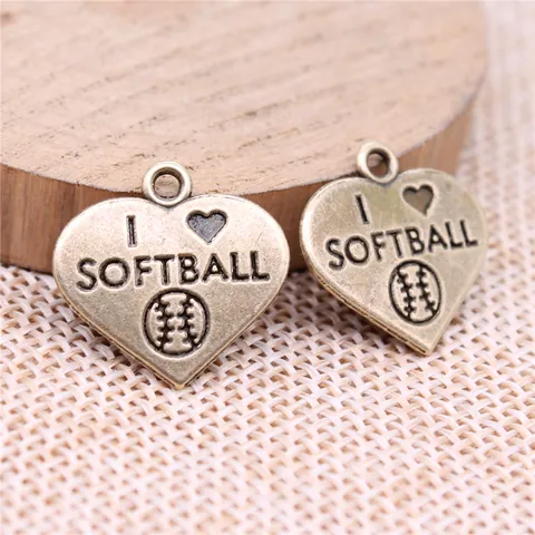 Alloy Heart Softball Pendant Charm I Love Softball Antique Silver Bronze DIY Jewelry Making Findings Sports Lover Gift