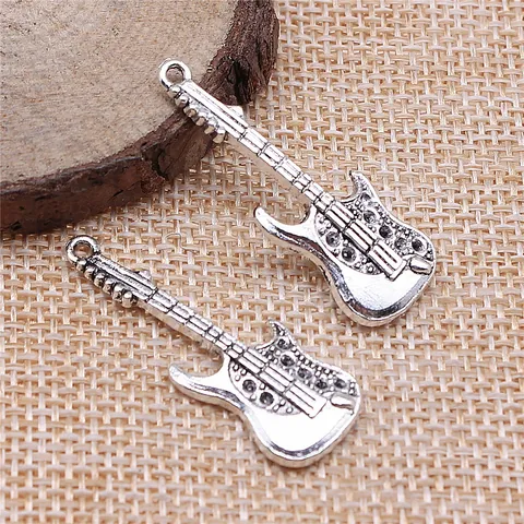 Vintage Alloy Electric Guitar Pendant Charm For DIY Jewelry Making Antique Silver Color Musical Instrument Necklace Gift