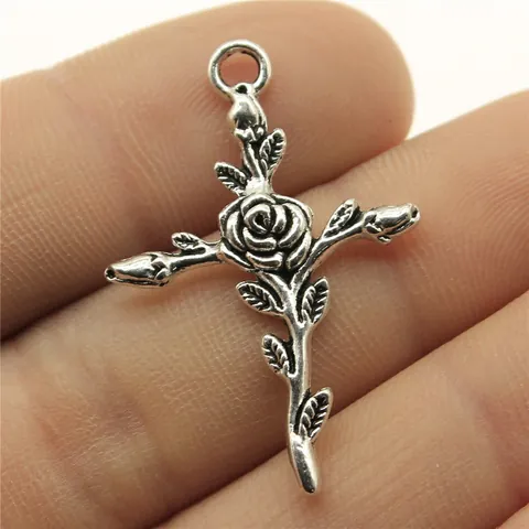 Vintage Alloy Rose Cross Pendant Antique Metal Flower Cross Charms For DIY Necklace Bracelet Jewelry Making Accessories Women