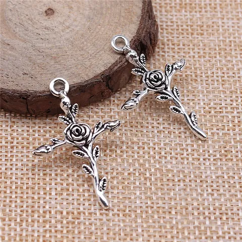 Vintage Alloy Rose Cross Pendant Antique Metal Flower Cross Charms For DIY Necklace Bracelet Jewelry Making Accessories Women