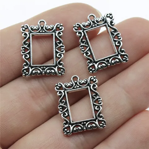 Retro Legering Rechthoekige Fotolijst Hanger Zonder Ketting Voor Sieraden Maken Geometrische Krul Antiek Zilver