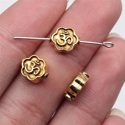 Antique Gold Silver Alloy Flower OM Symbol Beads For DIY Jewelry Making Vintage Religious Ethnic Small Hole Spacer Beads Components