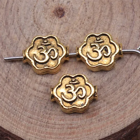 Antique Gold Silver Alloy Flower OM Symbol Beads For DIY Jewelry Making Vintage Religious Ethnic Small Hole Spacer Beads Components