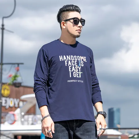 Men's Fashion Plus Size Long Sleeve T-Shirt Casual Round Neck Cotton Letter Printed Loose Graphic Top For Autumn Urban Style
