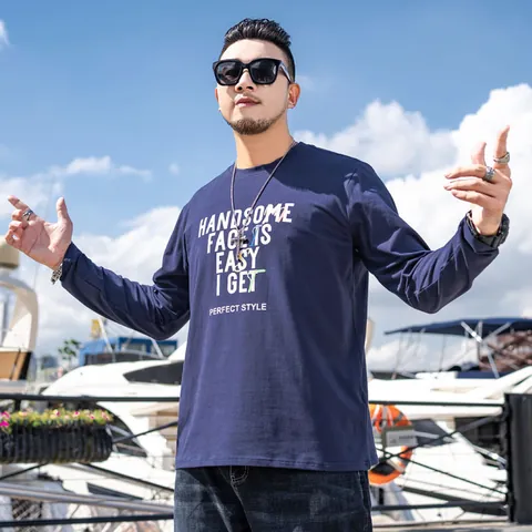 Men's Fashion Plus Size Long Sleeve T-Shirt Casual Round Neck Cotton Letter Printed Loose Graphic Top For Autumn Urban Style