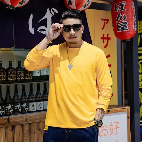Men Casual Plus Size Solid Color Long Sleeve T-Shirt Cotton Blend Comfortable Round Neck Loose Fitting Top Clothing