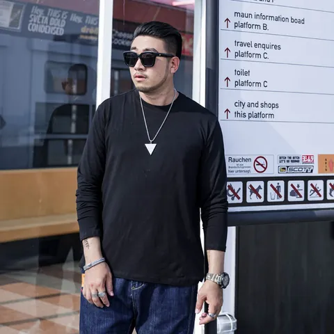 Men Casual Plus Size Solid Color Long Sleeve T-Shirt Cotton Blend Comfortable Round Neck Loose Fitting Top Clothing