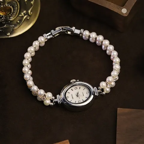 Reloj de Pulsera para Mujer Estilo Francés Vintage Perla Natural Circonia Incrustada Esfera Ovalada Acero Inoxidable Cuarzo Joyería