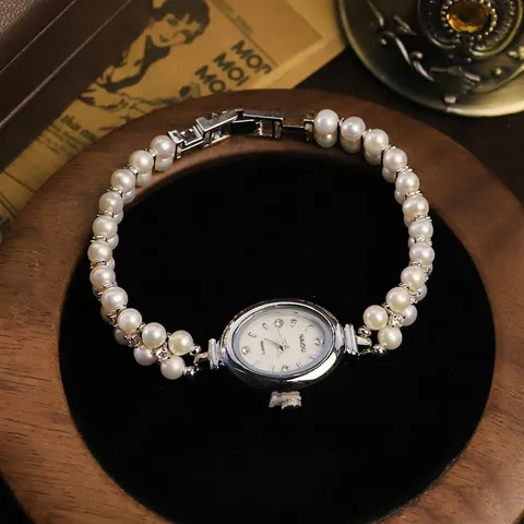 Reloj de Pulsera para Mujer Estilo Francés Vintage Perla Natural Circonia Incrustada Esfera Ovalada Acero Inoxidable Cuarzo Joyería