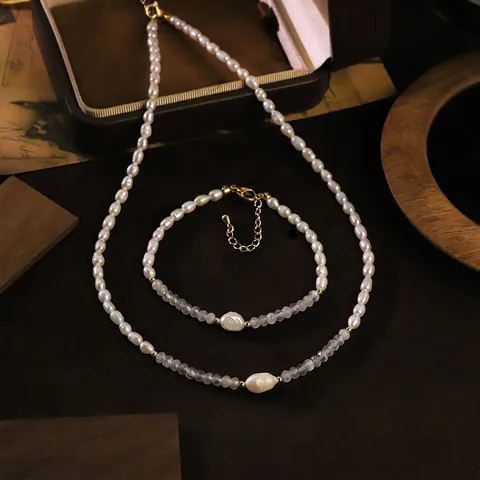 Originelles Design Natur Süßwasserperle Mondstein Halskette Und Armband Für Damen Elegante Vintage Schmuck Bankett Zubehör