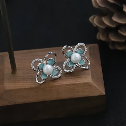 Orecchini a Bottone in Argento Sterling 925 con Perla d'Acqua Dolce per Donna Vintage Doppio Strato Fiore Smalto Strass Gioielli Eleganti