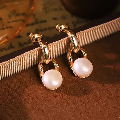 Orecchini a Bottone con Perle Naturali da Donna Vintage Francese Placcati Oro a Maglia di Catena con Perno in Argento 925