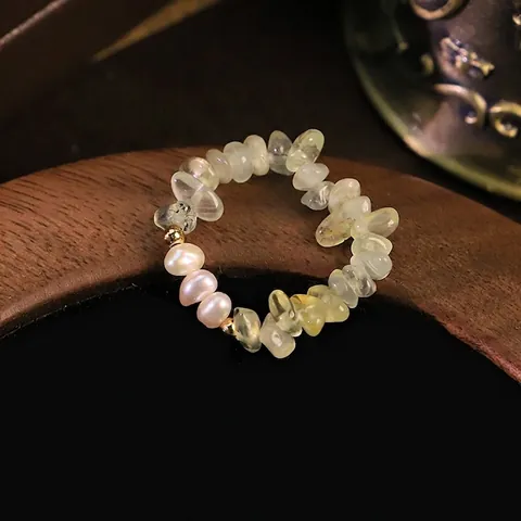 Handmade Natural Freshwater Pearl Prehnite Copper Bead Adjustable Open Ring Vintage Style Green Stone Jewelry for Women