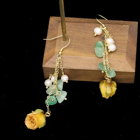 Freshwater Pearl Dangle Earrings For Women Long Tassel Green Stone Yellow Dried Flower Bud Gold Plated Alloy Jewelry