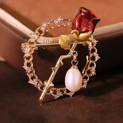Elegant Natural Pearl Red Blue Rose Zirconia Brooch Vintage Alloy Gold Plated Floral Pin For Women Wedding Banquet Jewelry