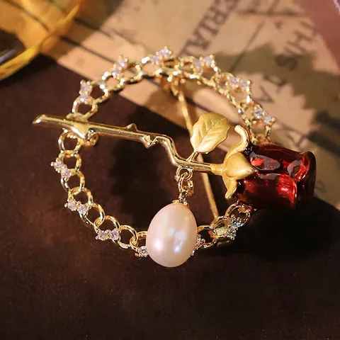 Elegant Natural Pearl Red Blue Rose Zirconia Brooch Vintage Alloy Gold Plated Floral Pin For Women Wedding Banquet Jewelry