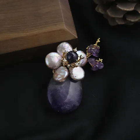 Elegant Flower Brooch With Natural Freshwater Pearl And Purple Agate Handcrafted Vintage Floral Pins For Women Accessory