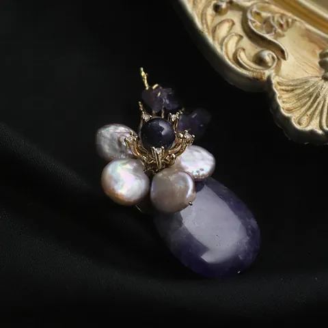 Elegant Flower Brooch With Natural Freshwater Pearl And Purple Agate Handcrafted Vintage Floral Pins For Women Accessory