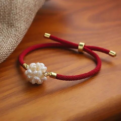 Red Woven String Bracelet With Natural Freshwater Pearl Flower Ball For Women Year Of The Snake Lucky Bead Hand Jewelry