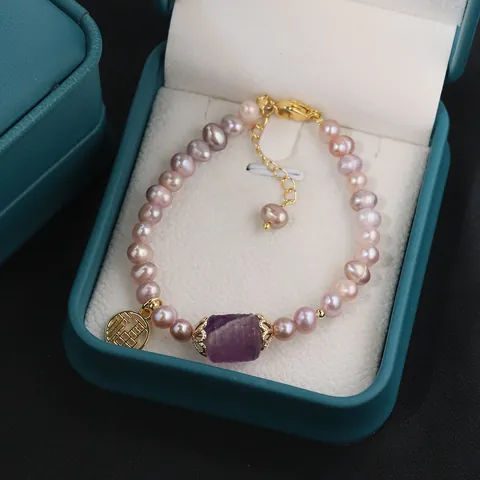 Natural Freshwater Purple Pearl Necklace Bracelet Set With Amethyst Barrel Bead Gold Fu Charm Chinese Style Jewelry