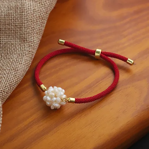 Red Woven String Bracelet With Natural Freshwater Pearl Flower Ball For Women Year Of The Snake Lucky Bead Hand Jewelry
