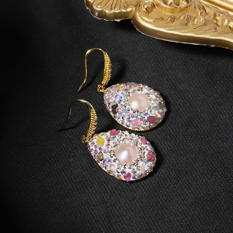 French Vintage Baroque Freshwater Pearl Drop Earrings For Women 18K Gold Plated Multi-Color Tourmaline Rhinestone Clay-Set Earrings Jewelry Gift
