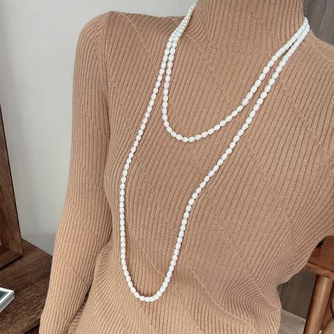 GLSEEVO Lussuosa Collana Lunga a Strati in Perle d'Acqua Dolce da Donna Elegante Collana a Filo Placcata in Oro 18K Gioielli
