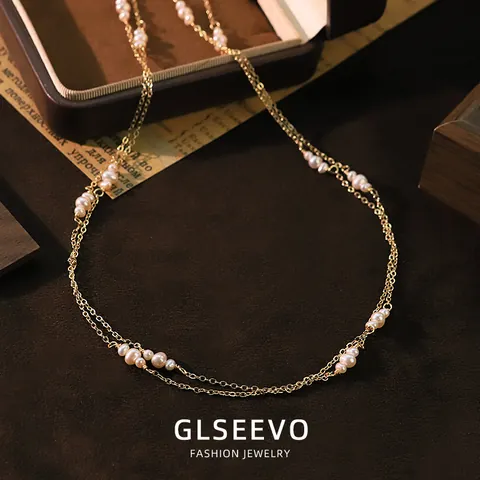 Handmade Natural Freshwater Pearl Double Layer Necklace Gold Plated Copper Chain Eyeglass Strap For Women Vintage Simple Jewelry