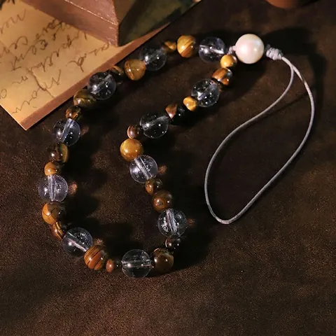Handmade Tiger Eye Stone Freshwater Pearl Glass Bead Phone Chain Lanyard Vintage Beaded Anti-Drop Phone Charm For Women