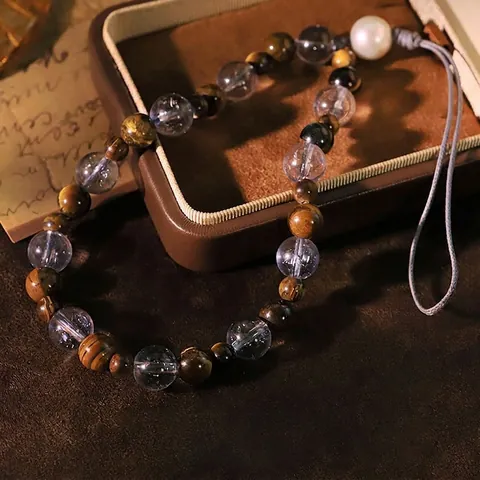 Handmade Tiger Eye Stone Freshwater Pearl Glass Bead Phone Chain Lanyard Vintage Beaded Anti-Drop Phone Charm For Women