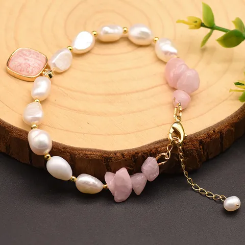 Handmade Baroque Natural Pearl Pink Quartz Bracelet For Women 14K Gold Filled Geometric Pendant Rhinestone Jewelry Gift
