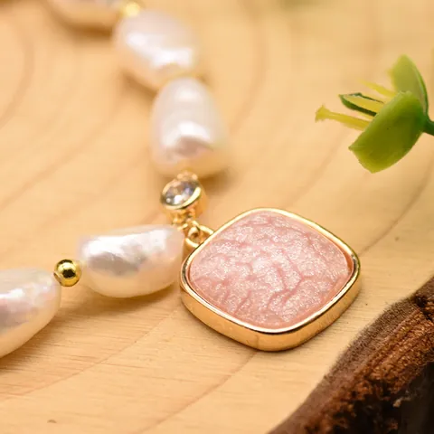 Handmade Baroque Natural Pearl Pink Quartz Bracelet For Women 14K Gold Filled Geometric Pendant Rhinestone Jewelry Gift